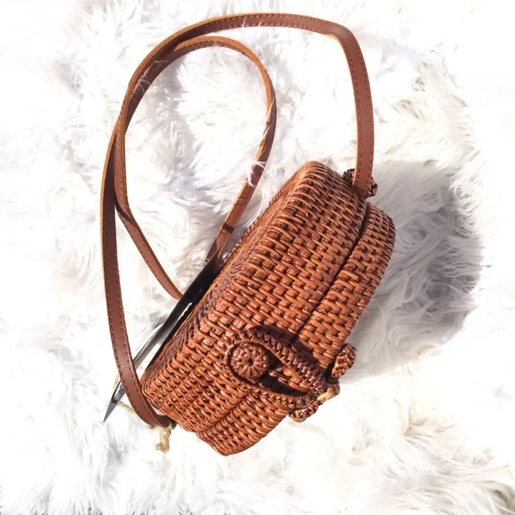 Woven Round Crossbody Bag in Tan - Picture 3 of 6